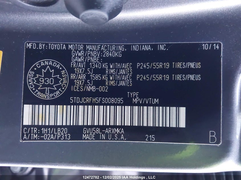 5TDJCRFH5FS008095 2015 TOYOTA HIGHLANDER photo no. 9