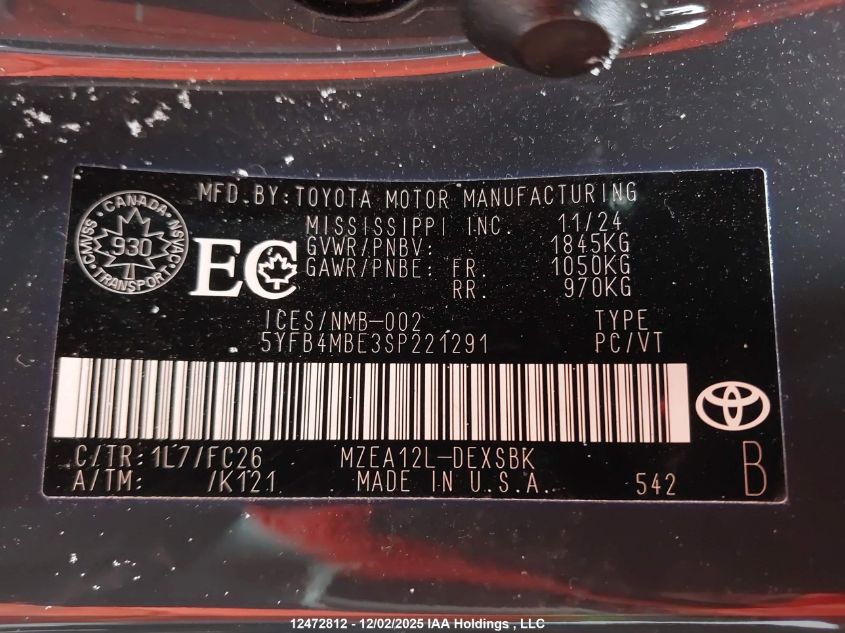 2025 Toyota Corolla Se/Xse VIN: 5YFB4MBE3SP221291 Lot: 12472812