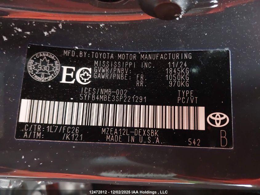 2025 Toyota Corolla Se/Xse VIN: 5YFB4MBE3SP221291 Lot: 12472812