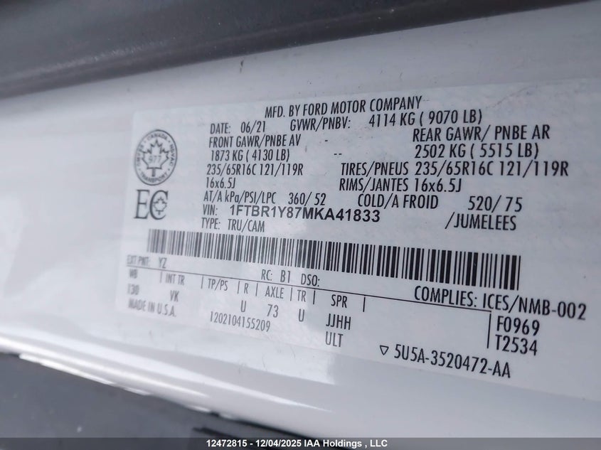 1FTBR1Y87MKA41833 2021 FORD TRANSIT photo no. 9