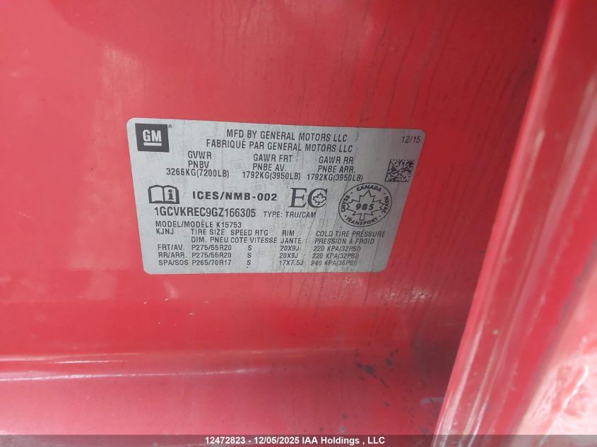 2016 Chevrolet Silverado 1500 VIN: 1GCVKREC9GZ166305 Lot: 12472823