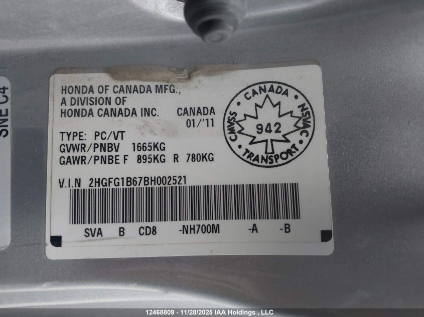 2011 Honda Civic Se VIN: 2HGFG1B67BH002521 Lot: 12468809X