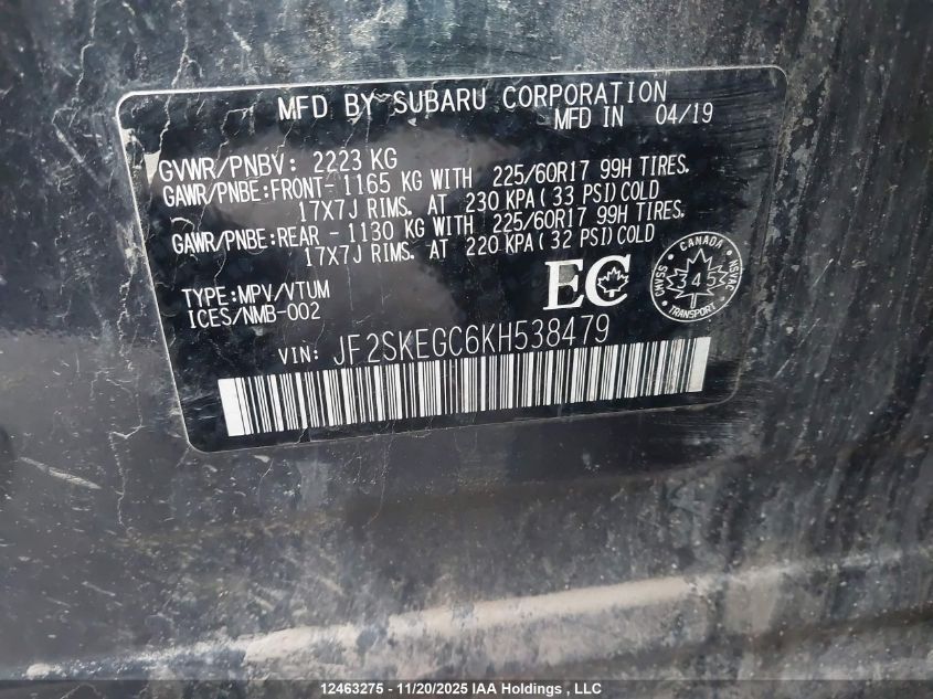 2019 Subaru Forester 2.5I Convenience/2.5I Touring VIN: JF2SKEGC6KH538479 Lot: 12463275X