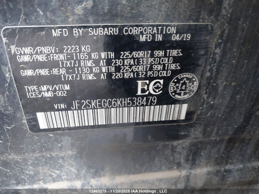 2019 Subaru Forester 2.5I Convenience/2.5I Touring VIN: JF2SKEGC6KH538479 Lot: 12463275X