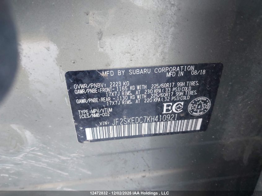 2019 Subaru Forester Premium VIN: JF2SKEDC7KH410921 Lot: 12472832