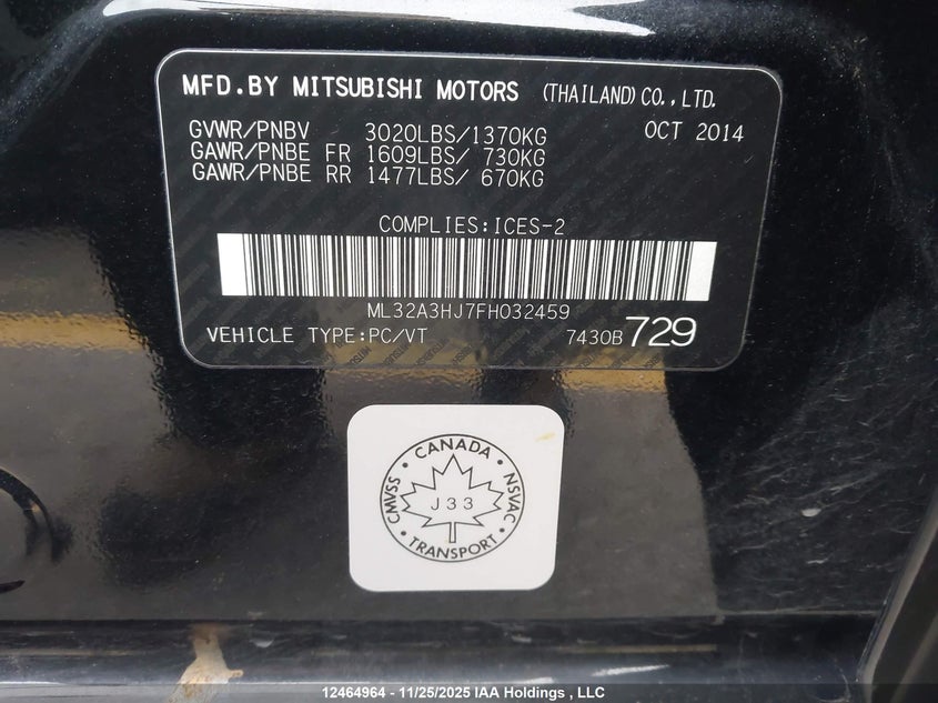 2015 Mitsubishi Mirage Es VIN: ML32A3HJ7FH032459 Lot: 12464964X