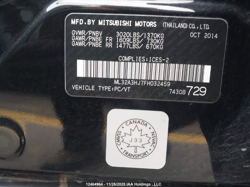 2015 Mitsubishi Mirage Es VIN: ML32A3HJ7FH032459 Lot: 12464964X