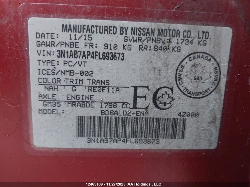 2015 Nissan Sentra 1.8 S/1.8 Sl/1.8 Sr/1.8 Sv VIN: 3N1AB7AP4FL693673 Lot: 12465109X