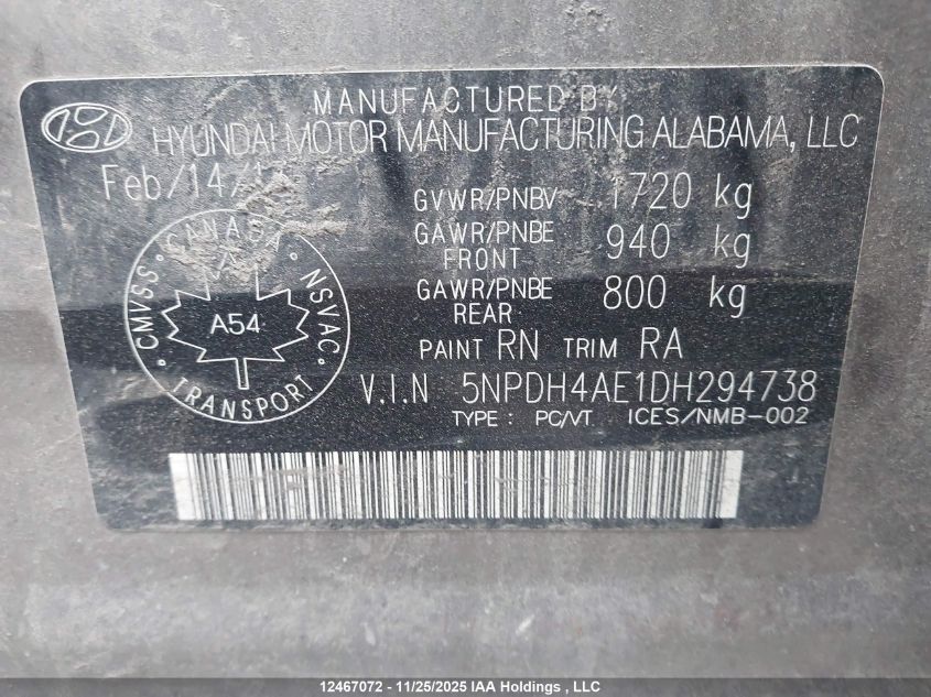 2013 Hyundai Elantra L VIN: 5NPDH4AE1DH294738 Lot: 12467072X