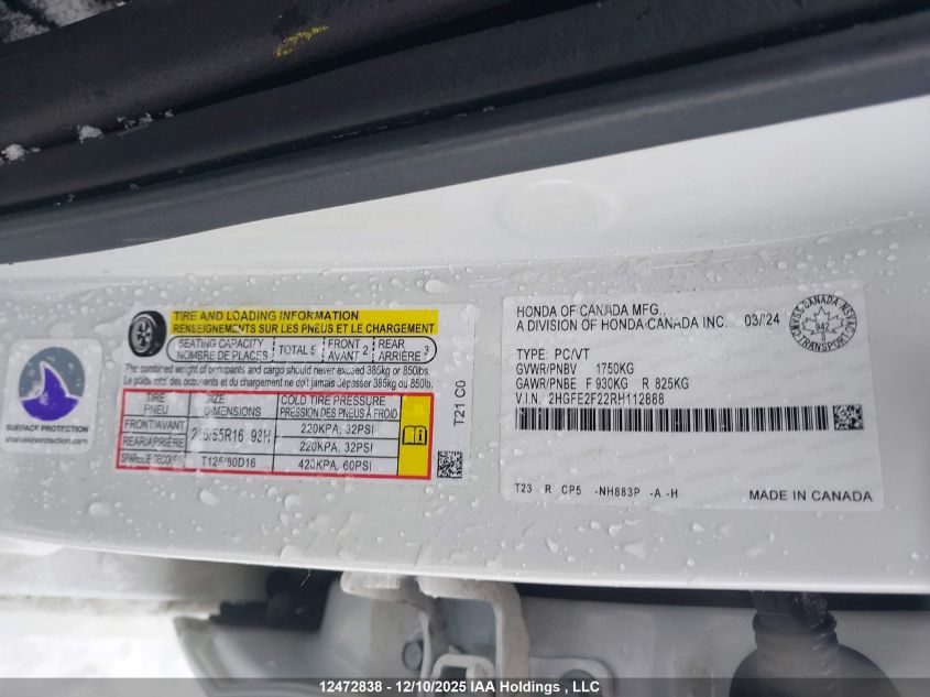 2024 Honda Civic Lx-B VIN: 2HGFE2F22RH112888 Lot: 12472838