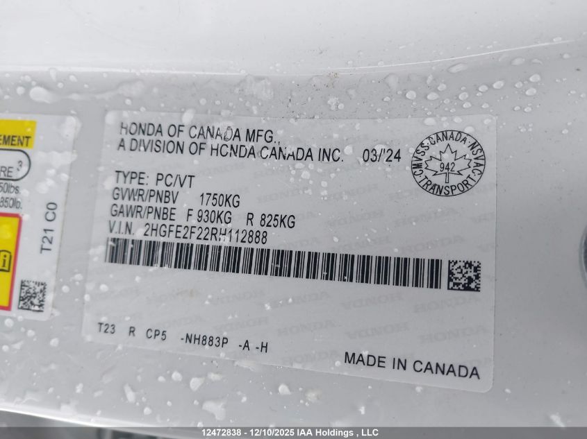 2024 Honda Civic Lx-B VIN: 2HGFE2F22RH112888 Lot: 12472838