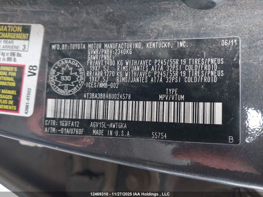 2011 Toyota Venza VIN: 4T3BA3BB4BU024578 Lot: 12469310X