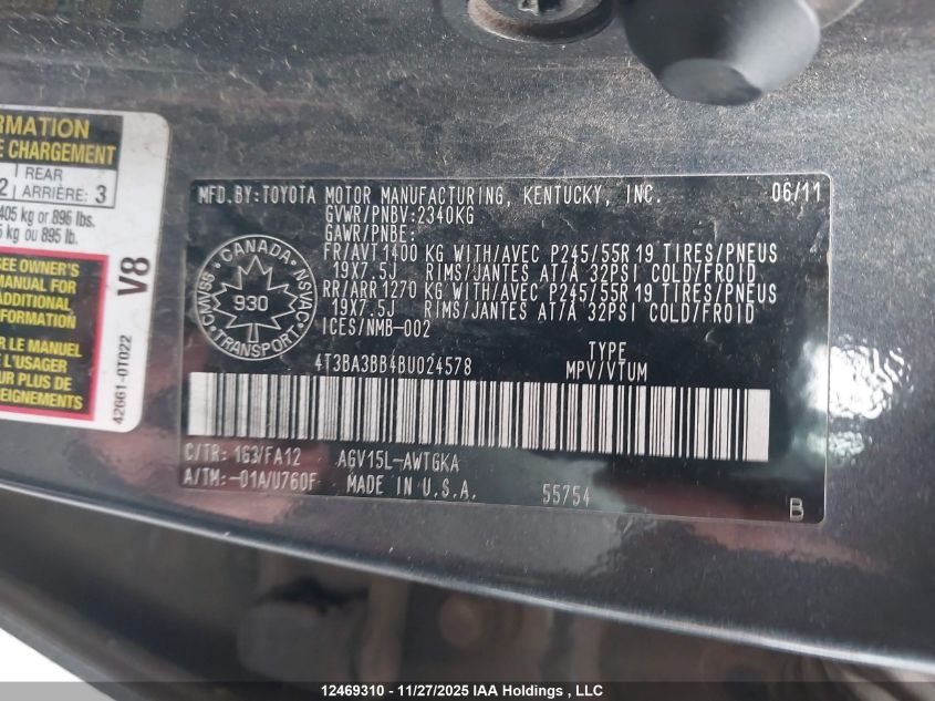 2011 Toyota Venza VIN: 4T3BA3BB4BU024578 Lot: 12469310X