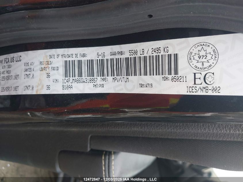 2016 Jeep Cherokee Sport VIN: 1C4PJMAB6GW318957 Lot: 12472847