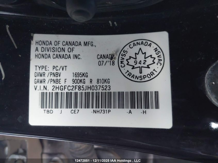 2018 Honda Civic Ex VIN: 2HGFC2F85JH037523 Lot: 12472851