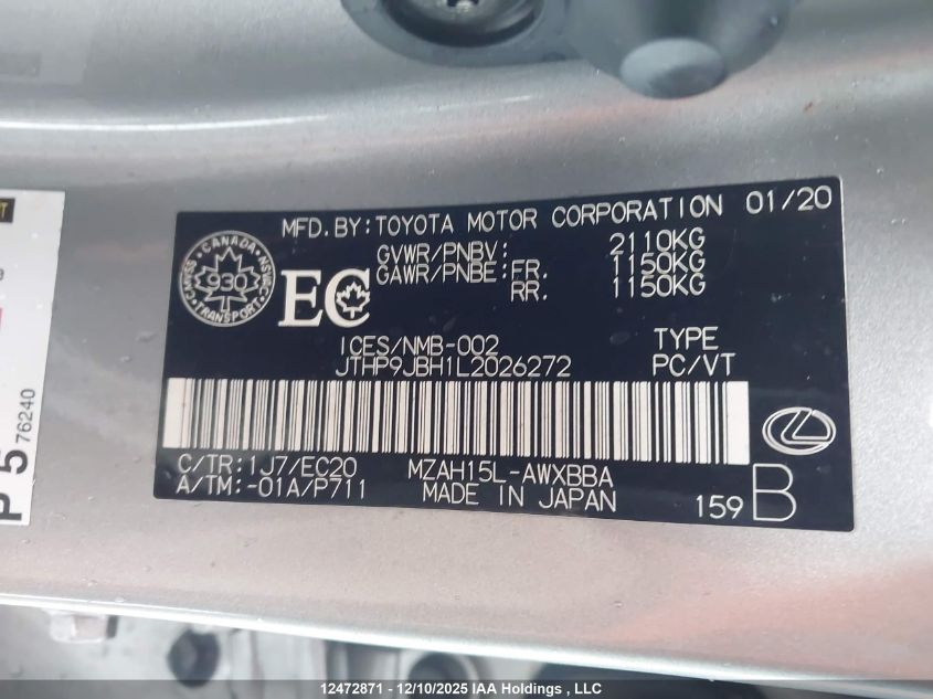 2020 Lexus Ux 250H VIN: JTHP9JBH1L2026272 Lot: 12472871