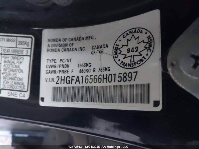 2HGFA16566H015897 2006 HONDA CIVIC photo no. 9