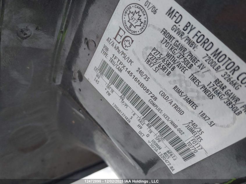 2006 Ford F150 VIN: 1FTPX14516NB05728 Lot: 12472895