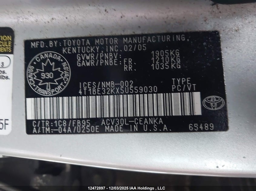 4T1BE32KX5U559030 2005 TOYOTA CAMRY photo no. 9