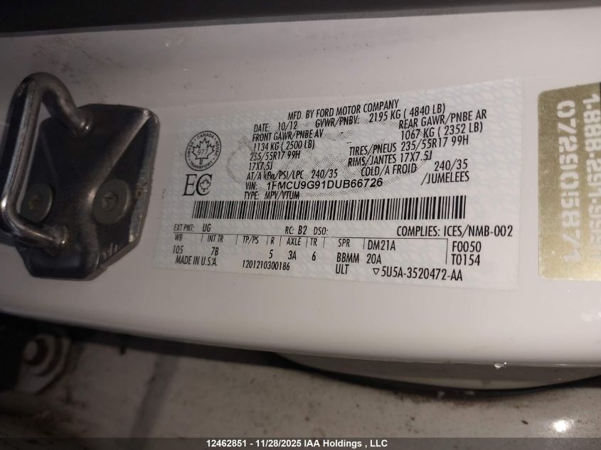 2013 Ford Escape Se VIN: 1FMCU9G91DUB66726 Lot: 12462851X