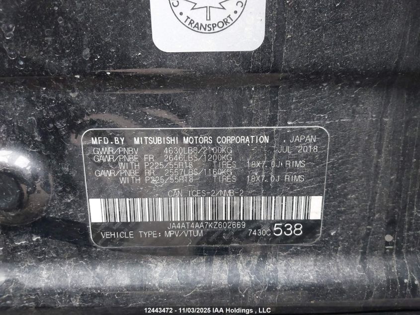 2019 Mitsubishi Eclipse Cross Gt/Se VIN: JA4AT4AA7KZ602669 Lot: 12443472X