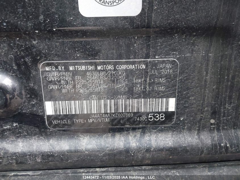 2019 Mitsubishi Eclipse Cross Gt/Se VIN: JA4AT4AA7KZ602669 Lot: 12443472X