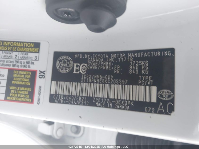 2019 Toyota Corolla Le Eco VIN: 2T1BPRHE8KC205597 Lot: 12472915