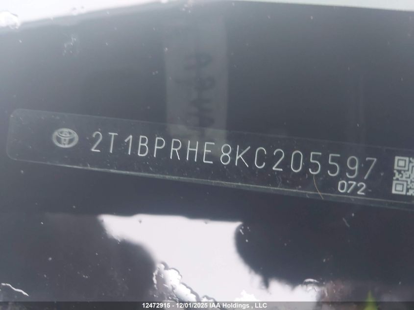 2019 Toyota Corolla Le Eco VIN: 2T1BPRHE8KC205597 Lot: 12472915