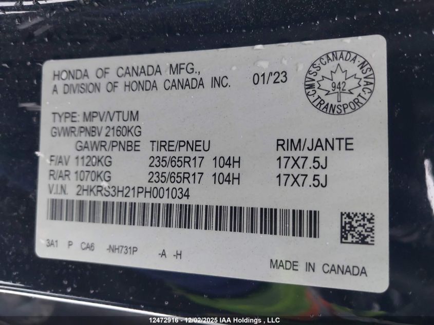 2023 Honda Cr-V VIN: 2HKRS3H21PH001034 Lot: 12472916