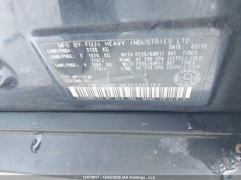 4S4BRJMC4C2280163 2012 SUBARU OUTBACK photo no. 9