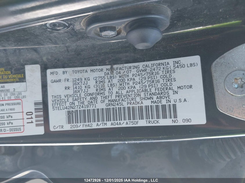 5TELU42N27Z419771 2007 TOYOTA TACOMA photo no. 9