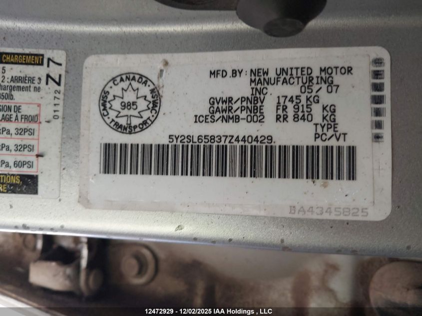 2007 Pontiac Vibe VIN: 5Y2SL65837Z440429 Lot: 12472929