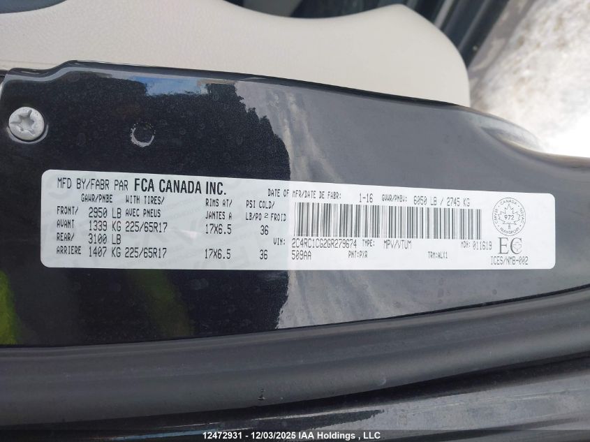 2016 Chrysler Town & Country Touring L VIN: 2C4RC1CG2GR279674 Lot: 12472931