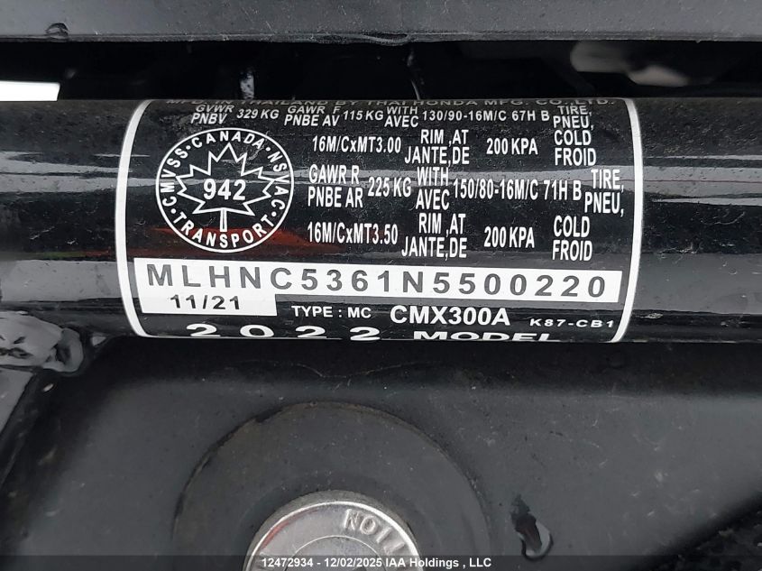 2022 Honda Cmx300 A VIN: MLHNC5361N5500220 Lot: 12472934