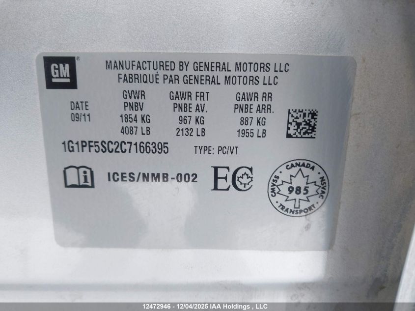 2012 Chevrolet Cruze Lt VIN: 1G1PF5SC2C7166395 Lot: 12472946