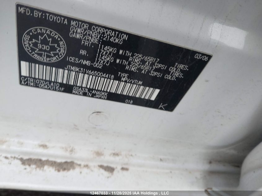 2006 Toyota Rav4 Limited V6 VIN: JTMBK31V665004418 Lot: 12467033X