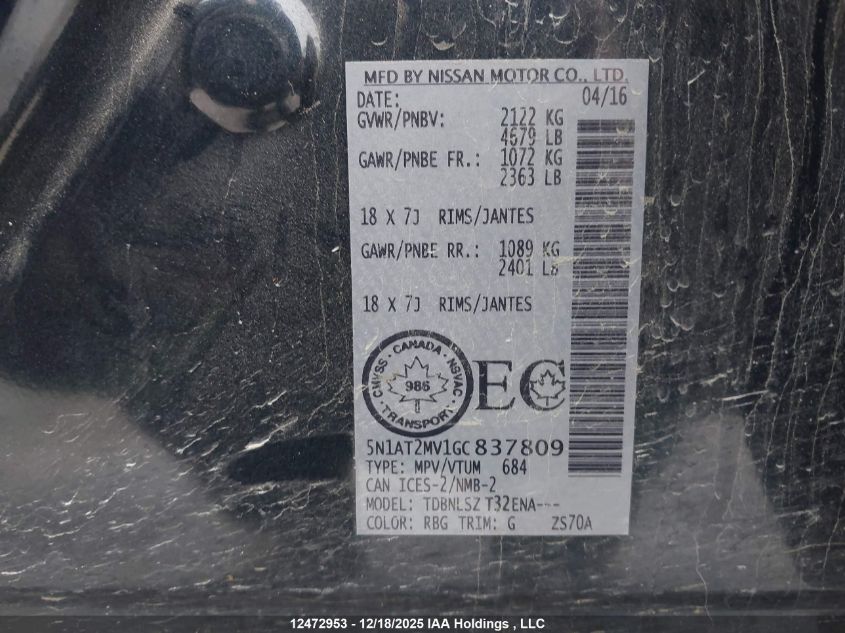 2016 Nissan Rogue S/Sl/Sv VIN: 5N1AT2MV1GC837809 Lot: 12472953