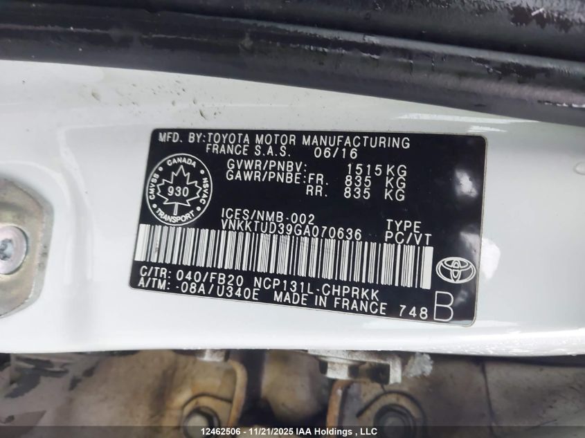 2016 Toyota Yaris Le VIN: VNKKTUD39GA070636 Lot: 12462506X