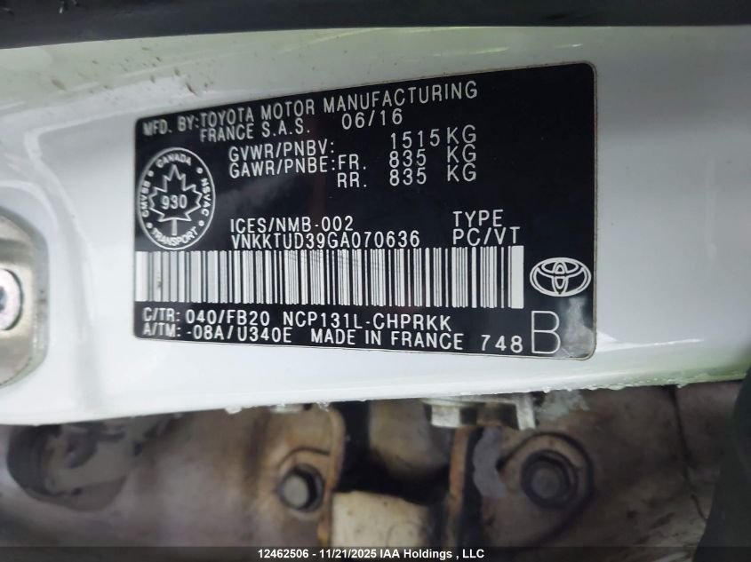 2016 Toyota Yaris Le VIN: VNKKTUD39GA070636 Lot: 12462506X