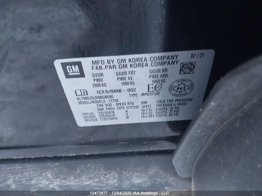 2022 Chevrolet Trailblazer VIN: KL79MUSL0NB038590 Lot: 12472977