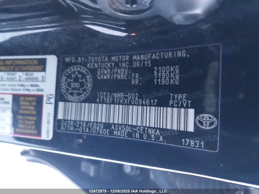4T1BF1FKXFU094617 2015 TOYOTA CAMRY photo no. 9