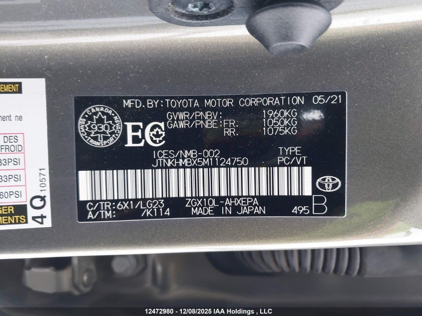 2021 Toyota C-Hr Limited VIN: JTNKHMBX5M1124750 Lot: 12472980