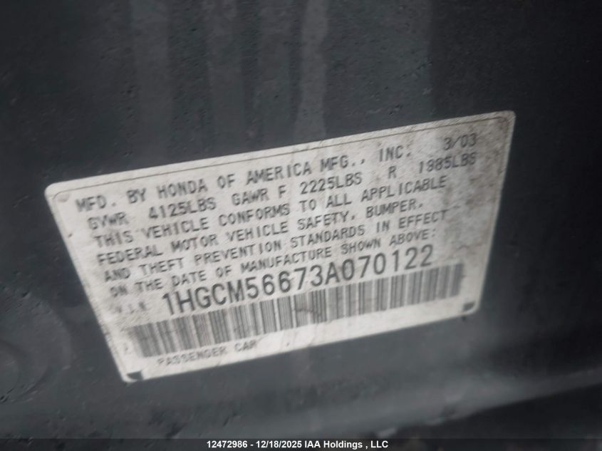 2003 Honda Accord Ex VIN: 1HGCM56673A070122 Lot: 12472986