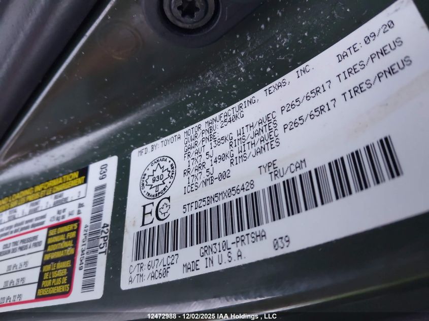 2021 Toyota Tacoma VIN: 5TFDZ5BN5MX056428 Lot: 12472988