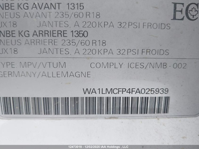 2015 Audi Q5 3.0 Tdi Technik VIN: WA1LMCFP4FA025939 Lot: 12473018