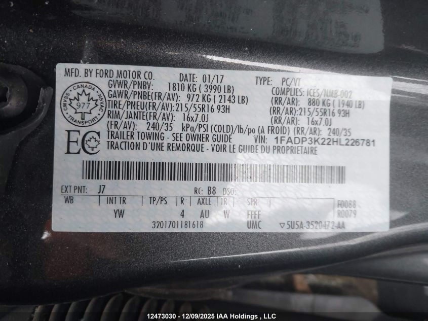 2017 Ford Focus Se VIN: 1FADP3K22HL226781 Lot: 12473030