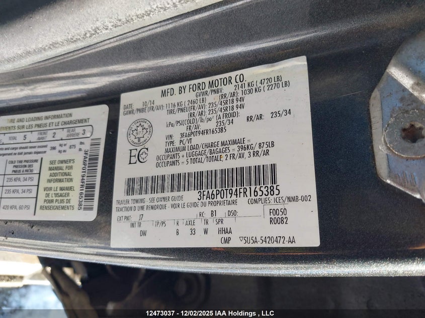 3FA6P0T94FR165385 2015 FORD FUSION photo no. 9