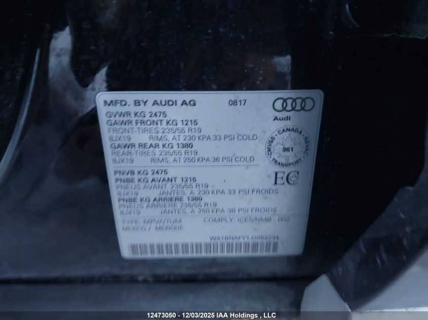 2018 Audi Q5 VIN: WA1BNAFY1J2052234 Lot: 12473050