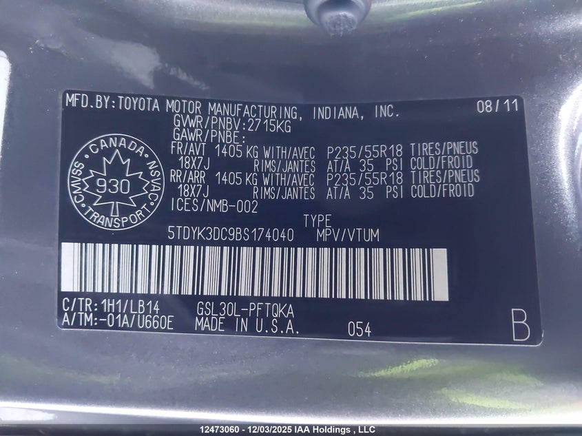 5TDYK3DC9BS174040 2011 TOYOTA SIENNA photo no. 9