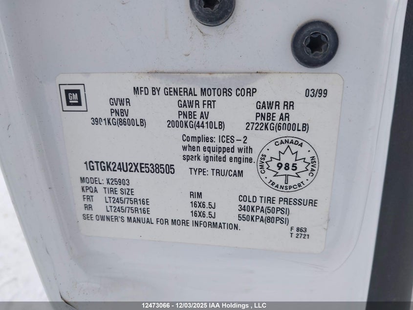 1GTGK24U2XE538505 1999 GMC SIERRA photo no. 9
